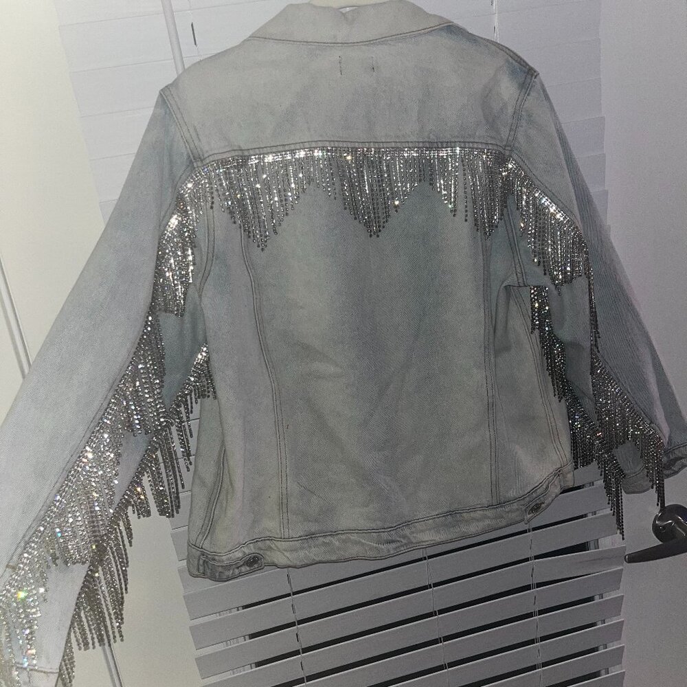 White Fox Boutique Rhinestone Fringe Denim Jacket - women's size S/M